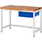 Workbench with wooden top, white frame and blue drawer.