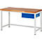 Workbench with wooden top, white frame and blue drawer.