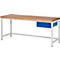 Workbench with wooden top, white frame and blue drawer.