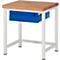 A small work table with wooden top, white frame and blue drawer.
