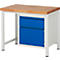 Workbench with wooden top, blue cabinet and white frame.