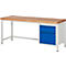 Workbench with light brown wooden top, white metal frame and two blue drawers.