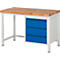 Workbench with wooden top, white metal frame and blue drawers.