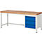 Workbench with wooden top, white frame and blue drawers.