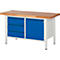 Workbench with wooden top, blue drawers and cabinet door, white frame.