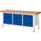 Workbench with wooden top, blue drawers, and white legs.