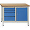 Workbench with blue drawers and cabinet. Wooden worktop.