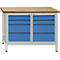 Workbench with wooden top, blue drawers and light frame.