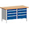 Workbench with wooden top, blue drawers, and silver handles.