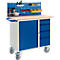 Tool cart with pegboard, blue door, drawers, and casters.