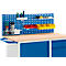 Workbench with pegboard, screwdrivers, yellow and red bins, and sprays. Blue, yellow, white and wood colors.