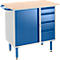 Workbench with blue cabinet, drawers, and a wooden top.