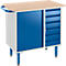 Workbench, light grey metal, blue doors and drawers, wooden top. Handle on the side, four blue legs with black feet.