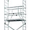 Metal scaffolding against a white background. Platform with railing and struts visible.