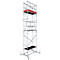 Silver metal scaffold. Several work platforms, red platform, ladder-shaped construction.