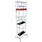 A tall, silver scaffold with red details. It has several platforms and a ladder.