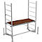 A silver scaffold with a brown work platform supported by ladders.
