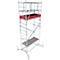 A silver scaffolding with a red storage tray and gray platform, against a white background.