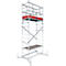 A tall, freestanding scaffold with several levels. A red platform is in the middle of the scaffold.
