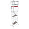 A tall, silver scaffold with multiple platforms, including an upper platform with a red surface.