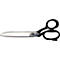 Large scissors with black handle and silver blades on white background.