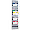Gray wall organizer with colorful documents in different compartments.