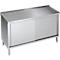Stainless steel cabinet with sliding door, standing on four legs.