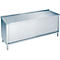 Stainless steel cabinet with sliding doors and legs. Top surface for working or storage.