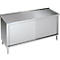 Stainless steel cabinet with sliding door, rectangular, on four short legs.