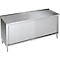 Stainless steel cabinet with sliding doors and worktop. Silver-colored, standing on four legs.