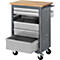 Tool cart with wooden top, silver drawers, and gray side panels. It has castors.