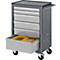 Grey tool cart with drawers. One drawer open, showing yellow inserts. Black wheels.