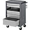 Grey tool cart with four drawers, one open drawer, and casters.
