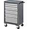 Grey tool cart with drawers on casters, detail view.