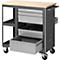 Tool cart with wooden top, metal drawers, and wheels.