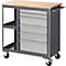 Workshop trolley with wooden top, drawers and castors. Grey metal frame with yellow wood on top.