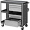 Dark grey tool cart with three drawers and wheels. One drawer is open.