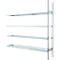 Metal shelving unit with four levels, standing in front of a white background.