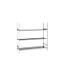 Steel shelving unit with three shelves on a white background. The shelves are empty.