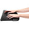 Hands typing on an ergonomic keyboard. Dark keys, wrist rest. 