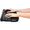 Hands typing on a black, ergonomic keyboard. Wrist rest integrated.