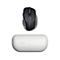 Black computer mouse and white wrist pad on a white background. Kensington is written on the mouse.