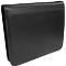 Black leather folder, photographed slightly diagonally from the front. The folder is closed, with subtle stitching.