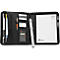 Black leather portfolio with zipper, filled with notepaper, pens, calculator, business cards and a binder.