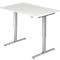 White height-adjustable desk with silver legs.
