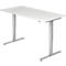 A white height-adjustable desk with silver legs, which are T-shaped at the ends.