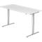 A white, height-adjustable desk with silver legs stands against a white background.