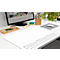 White desk with desk pad, screen, pen holder, mouse and plants. Calendar on the pad.