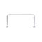 Metal bicycle rack. U-shaped, with round base plates. Smaller rings on the sides.