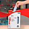 A hand pulls a blue wipe from a red and white WYPALL dispenser, set against a tool background in the background.